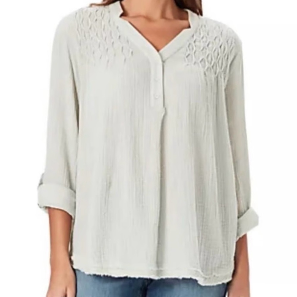 Bandolino Gauze Top White Blouse fringe edge roll tab sleeve  cotton Sz XL